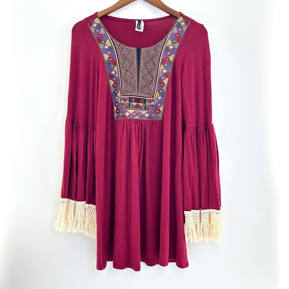 Bellamie Embroidered Dress with Fringe Belle Sleeved Size Medium - Picture 1 of 9